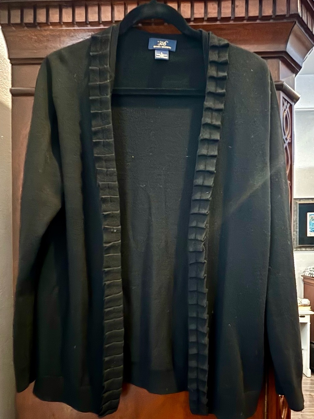 Brooks Brothers Black Lightweight Open-Front Jacket with Ruffle Trim
